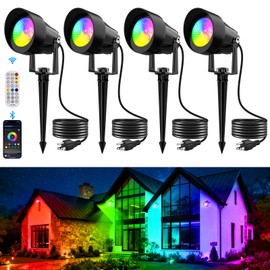 TSUNESLUX RGB Color Changing Spotlights Outdoor, LED Landscape Lighting with Remote/APP Control, Music Sync & Timing Mode, IP65 Waterproof Outdoor for Yard Garden Pathway Christmas Halloween, 4 Pack