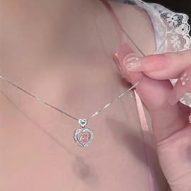 Cimenexe Bohemian Crystal Heart Choker Necklace Silver CZ Heart Pendant Necklace Pink Rhinestone Heart Chain Necklace Hollow Heart Collar Necklace Jewellery for Women, Zinc, No Gemstone