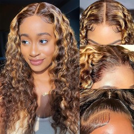 SENSAIRUITE Mocha Blonde 180% Density Human Hair Wig, Glueless Lace Front, Pre-Plucked, Curly, 22.5 inches