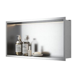 Neohomee 24x12 Wall Niche with Non-dimmable LED Light Strips, Brushed Shower Niche Cabinet, Stainless Steel Bathroom Shelf, NO Tile Needed Recessed Niche Storage Organizer for Shampoo