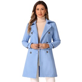 Allegra K Women's Faux Suede Trench Coat Notched Lapel Double Breasted Jacket with Belt Large Sky Blue