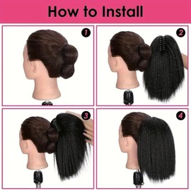 HUIGAO 12 Inch Kinky Straight Ponytail Extension for Black Women - Natural Black Yaki Pony Tails - Fluffy Synthetic Clip in Ponytail Hair Extensions - Claw Clip on Ponytails for Women