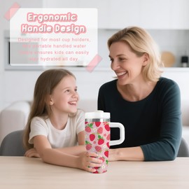 Strawberry Gifts for Girls - 14oz Pink Kids Strawberry Tumbler with Handle and Straw, Stainless Steel Insulated Water Cup, for School, Travel - Strawberries Themed Children Birthday Gift Cup(1pc)