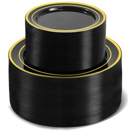 ROCOHANTI 200 PCS Black and Gold Plastic Plates, Disposable Party Black Plates Include 100 Dinner Plate and 100 Dessert Plate Perfect for Holiday, Birthday, Graduation, Wedding & Party