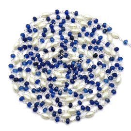 Blue Jade with Glass Pearl 36 Inch 92.5 Sterling Silver Plated 4 mm - 4 x 6 mm Rondelle Drum Faceted Smooth Beads Necklace Chains Bulk for DIY Necklace Bracelet Jewellery Accessories 3 Feet COPS010433