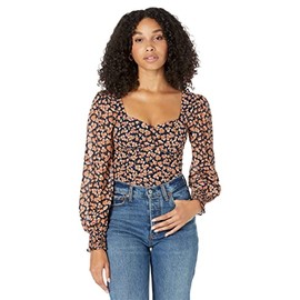 Abercrombie & Fitch Long Sleeve Sweatheart Puff Sleeve Top Navy Floral LG