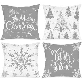 Lanpn Pack of 4 White and Grey Cushion Covers Christmas Cushion Cover 50 x 50 cm, Winter Snowflakes Decorative Christmas Cushions for Christmas Decoration Christmas Bed Linen Sofa Decorations (Grey)