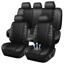 CAR PASS Memory Foam 3D Mesh Bling Diamond Car Seat Cover Full Set Breathable Soft Sponge Universal Shining Glitter Sparkly Crystal Armrest Fit Automotive Truck SUV Cute Women Girl, Black Rhinestone