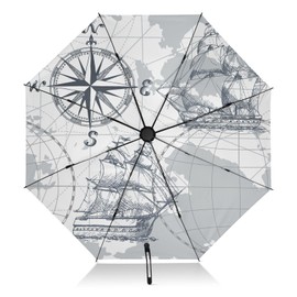 Kjovgcb Automatic Umbrella, Extra Large 3-Fold 8 Ribs Travel UV Protection Sun Parasol, Strong Inner Print Rain Folding Umbrella Print Sea Map Sailing Ship Compass Print