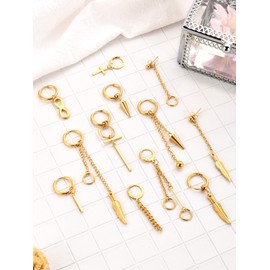 12 Pieces Hoop Dangle Earrings Stainless Steel Dangle Hinged Hoop Earrings Long Chain Pendant Earrings (Gold)