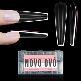 NOVO OVO Sculpted XXL Coffin Nail Tip for Curved Nails, Extra Thick Long False Nails Press on, Full Cover Soft Gel Extension Fake Nail for Acrylic kit, Clear X 15 Sizes 300pcs