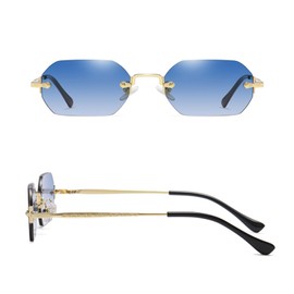 WDZAYXC Retro Rimless Sunglasses for Women Men Hexagonal Sunglasses, Gold/Blue