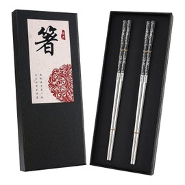 HRLORK Metal Chopsticks 2 Pairs Stainless Steel Chopsticks Reusable Use Non-Slip Chop Sticks Gift Set Dishwasher Safe for Kitchen Restaurant