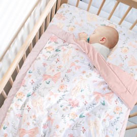 GFU Crib Bedding Set for Girls 4-Piece, Bow Baby Girl Crib Bedding Set Pink Flowes, Nursery Sets Includes Comforter, Fitted Crib Sheet, Crib Skirt, and Diaper Stacker