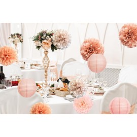 Hanging Party Decorations - Tissue Paper pom poms and lanterns Backdrop Decor for Engagement Wedding Birthday Bridal Shower Bachelorette (Rose gold)