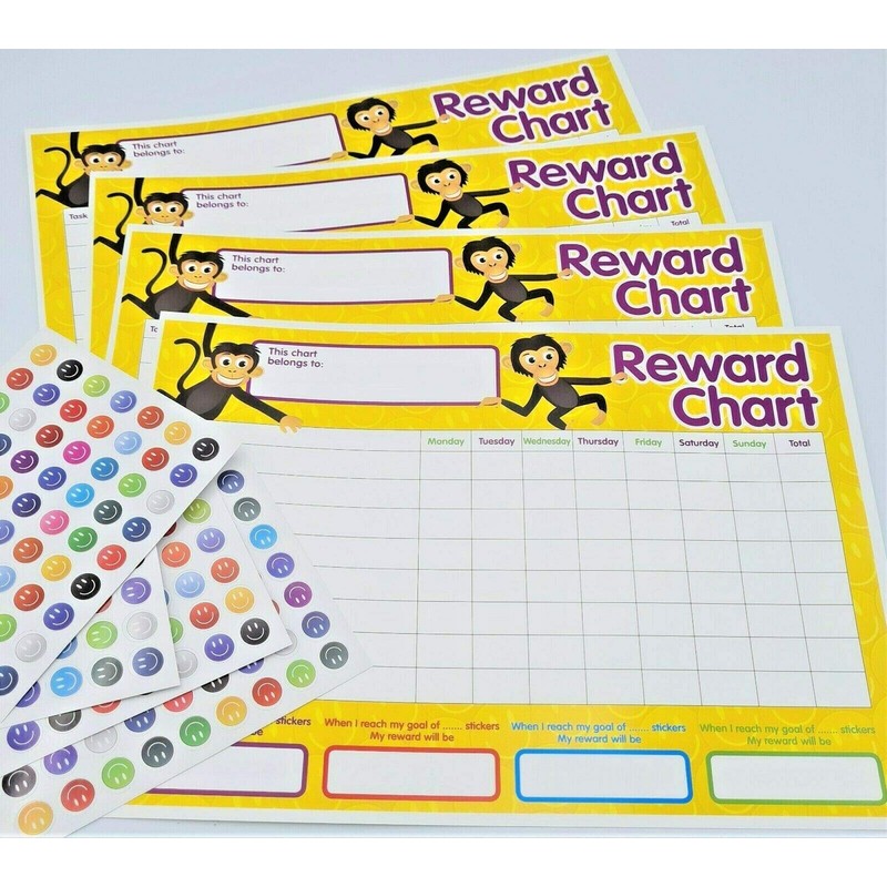 4 x Kids Reward Chart Includes 225 Childrens Stickers