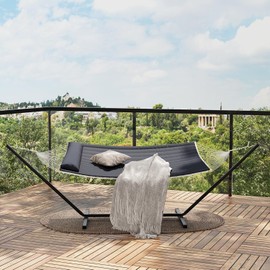 Double Hammock with Foldable Stand, 2 Person Hammock with Quilted Polyester Pad, Heavy Duty Portable Hammocks with Carrying Bag for Outdoor, Patio, Backyard, Poolside, 450 lbs Capacity, Dark Gray