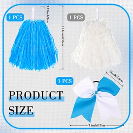 Hanaive 3 Pcs Cheerleading Pom Poms and Large Cheerleader Hair Bow Metallic Foil Cheer Pompoms Cheerleader Supplies for Dance Squad Rooters Sport Team Accessories(Blue White,Matte)