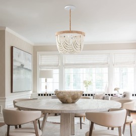 VILUXY Bohemia Wood Beaded Pendant Lights Antique Rustic Mini Chandelier White Finishing for Bedroom, Nursery Room, Girl Room, Hallway, Entryway, Passway, Dining Room, 3-Light