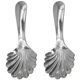 Pinenjoy 2Pcs Short Handle Shell Spoons 18/10(304) Stainless Steel Scalloped Soup Spoon 3.8inch Portable Spoon for Sugar Condiments Dessert Tea Coffee Powder Canister
