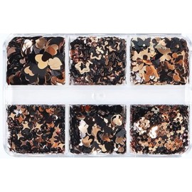 Chunmeng 6 Grids Heart Butterfly Nail Art Glitter Sequins, Gold and Black Nail Flakes Designs Stars Flowers Rabbit Sparkly Nails Supplies for Charms Decorations DIY (Black Gold)