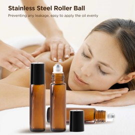 Essential Oil Roller Bottles, 10ml Thick Glass Perfume Roller Bottles with Funnel Opener and Dropper Colored Glass Empty Bottles with Stainless Steel Roller Balls (Brown - black cover, 12 Pack)