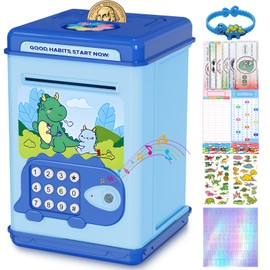TCJJ Dinosaur Piggy Banks for Kids,Money Box for Boy with Password & Fingerprint Unlocking,4 Stickers & Dinosaur Bracelet&Accounting Sheet,Boys Dinosaur Gifts for Birthday,Christmas