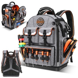 Tool Bag Backpack - Heavy Duty Tool Backpack Water-resistant HVAC Tool Backpack Bag Organizer, Electrician Tool Bag with Molded Base and 1680D Ballistic Weave Polyester, Gray
