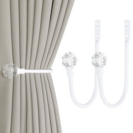 2 Pieces of Heavy Duty U Shaped Metal Curtain Holdbacks Curtain Tie Backs Hook with Clear Crystal Ball Tie Backs for Curtains (2, White)
