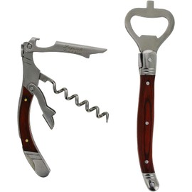 French Home Laguiole 2 Piece Bar Set – 1 Corkscrew Wine Opener & 1 Bottle Opener – Stainless Steel Bottle Openers with Brown Pakkawood Handles