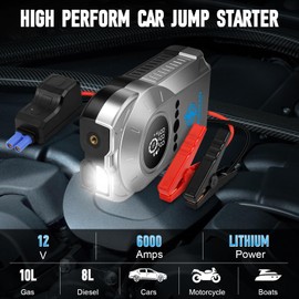 ZunDian 6000A Jump Starter 2025 Upgraded, Car Jump Starter with Air Compressor, 150PSI Portable Battery Pack (10.0L Gas/8.0L Diesel), 12V Battery Charger Car Jumper with Quick Charge, LED Light