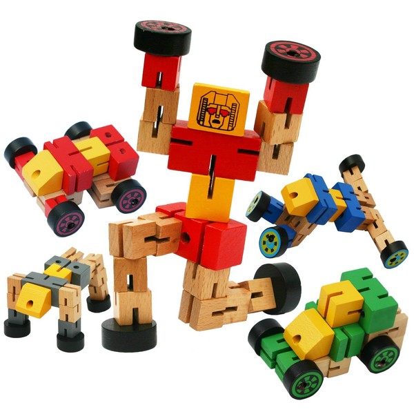 TOWO Wooden Transforming Vehicle Robot - Transfigures Toys for Travel Toys - Construction Toys Building set - Wooden Transforming Toys 3 year old Boys Girls Holiday -Stocking Fillers Stuffers -Red
