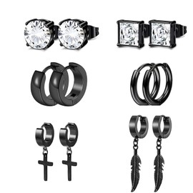HinDaLi 6 Pairs Stainless Steel Earrings for Men Women Earrings Set Dangle Earrings Black Stud Earrings Men Earrings Hoop Earrings Huggie Feather Earrings Women Cross Earrings Men Diamond Earrings
