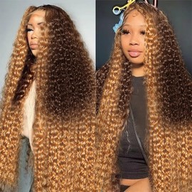 MEGOOD 250% Density 13x6 Highlight Ombre Lace Front Wig Human Hair 13x6 HD Honey Blonde 4/27 Curly Wig Human Hair Pre Plucked With Baby Hair Deep Wave Lace Front Wigs Human Hair Colored Wigs 20Inch