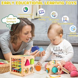Winique Wooden Shape Sorter Cube, Montessori Toys for 1 Year Old, 8pcs Colorful Multisensory Shapes, Developmental Learning Toy for Baby Girls Boys, 1st Birthday Gift, (SC21)