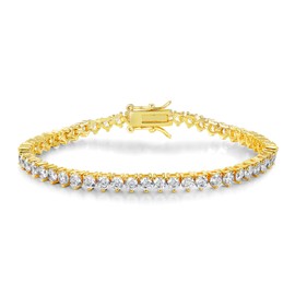 Gemsme 3 Prong Tennis Bracelet, 18K Yellow Gold Plated 4mm Round Cubic Zirconia Bracelet for Women Size 8.5 Inch