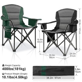 LANMOUNTAIN 2 Pack Padded Oversized Camping Chairs for Adults,Heavy Duty Support 400 Lbs,Folding Portable Lawn Chair w/Cup Holder,Cooler Bag,Side Pocket,Perfect for Outdoor Picnic,Hiking(Black&Green)
