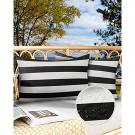 HilariousM Outdoor Pillows 20x12 Waterproof Outdoor Pillow Covers, Black White Stripes Polyester Throw Pillow Covers Garden Cushion Decorative Case for Patio Couch Decoration Set of 2, Geometric