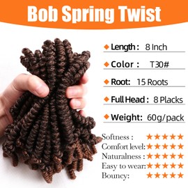 8 Packs Short Bob Spring Twist Crochet Hair 8Inch Pretwisted Passion Twist Crochet Hair Curly Pre Looped Crochet Braids Hair Kids Twist Crochet Hair for Black Women (8 Inch, T30#)