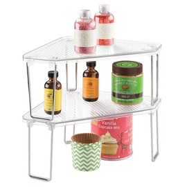 mDesign Corner Plastic/Metal Freestanding Stackable Organizer Shelf for Kitchen Countertop, Pantry or Cabinet for Storing Plates, Mugs, Bowls, Canned Goods, Baking Supplies, 2 Pack - Clear/Chrome
