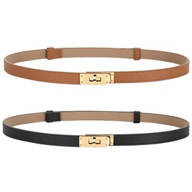 Horsopia Women Thin Leather Adjustable Belts 2 Pack for Dresses Solid Color Skinny Waist Belts for Jeans Coats with Alloy Turn Lock Gold Buckle