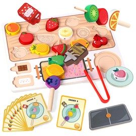 CORPER TOYS Pretend Play Set, Fruit Skewer Making Set, Stick Toy, Fruit Candy, Fingertip Training, Children, Wooden, Children's Puzzle, Kitchen, Educational Toys, 33 Pieces, Cookware, Fruit, Food,