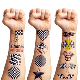 Funny Race Car Checkered Flags Temporary Tattoos Stickers Themed Birthday Party Supplies Decorations Decor Favors 87 PCS Black and White Racing Tattoo Sticker Gifts For Kids Boys Girls Prizes