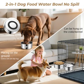 2-in-1 Dog Crate Water Food Bowl No Spill,2 Pack Hanging Dog Bowls for Kennel,Dogs Crate Water Feeder Dish,Stainless Steel Kennel Dogs Bowls Mountable with Non-Slip Bottom for Cats Bunny Ferret Bird