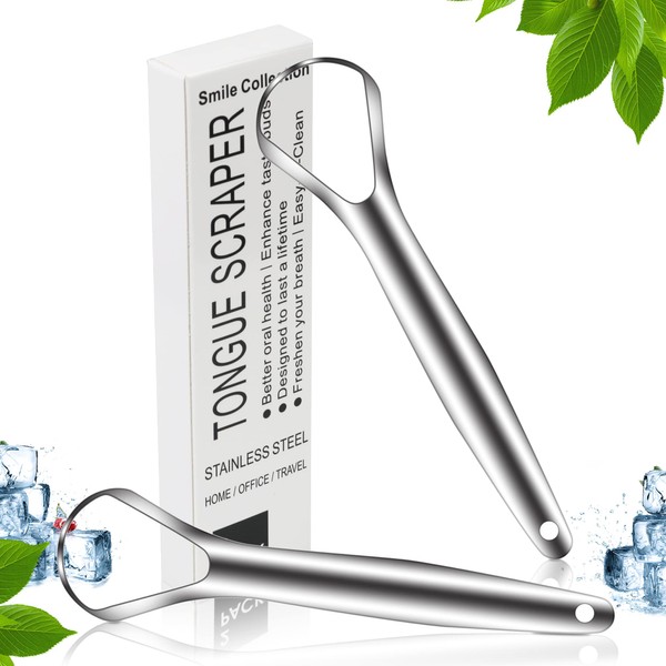 Tongue Scraper,Medical Grade Tounge Scraper Cleaner,Stainless Steel 100% BPA Free Metal Tongue Scrapers,Fights Bad Breath,Great For Oral Hygiene,Tongue Cleaners For Adults And Kids(Pack Of 2)