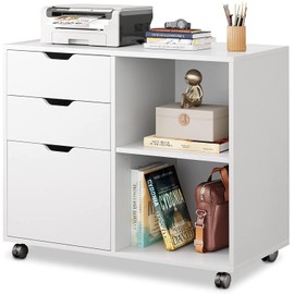 DEVAISE 3-Drawer Wood File Cabinet, Mobile Lateral Filing Cabinet, Printer Stand with Open Storage Shelves for Home Office, White