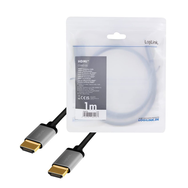 LogiLink CHA0100 HDMI Connection Cable 4K/60 Hz, Aluminium, Black/Grey, 1