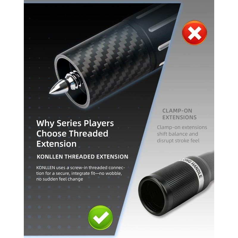 KONLLEN Threaded Carbon Fiber Pool Cue Extension with 3 Bumpers