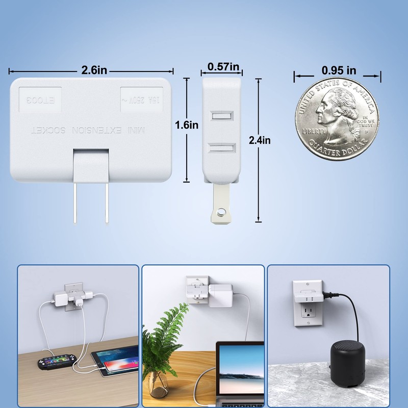 ETwinCoo 3 Way Flat Wall Outlet Extender Safe AC Adapter