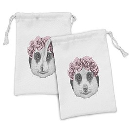 Lunarable Meerkat Fabric Pouch Set of 2, Face of a Animal Rose Wreath Sketchy Drawing, Small Drawstring Bag for Toiletries Masks and Favors, 9" x 6", Dried Rose Grey